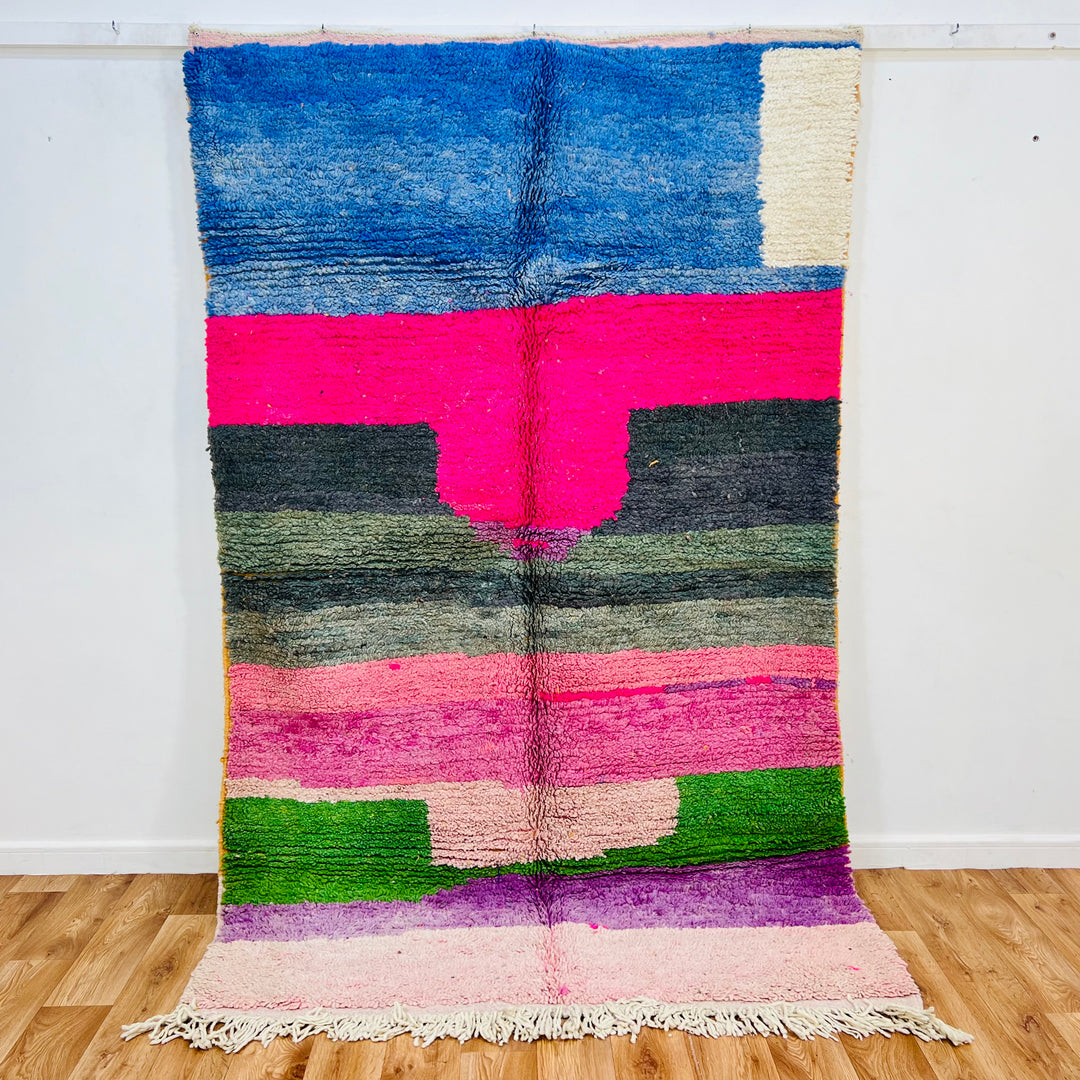 Vintage Moroccan wool rug 610 with colorful modern abstract design in pink, blue, green, and cream


