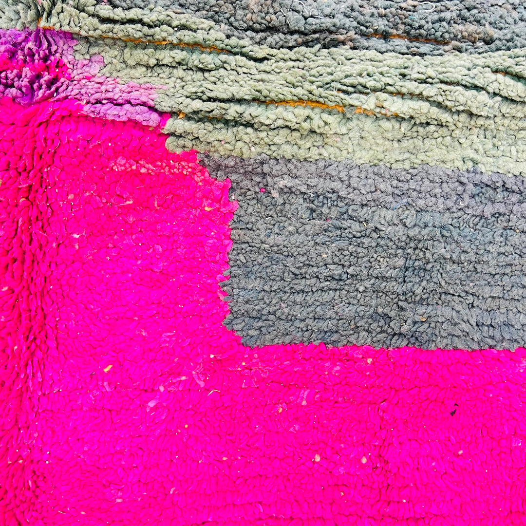 Vintage Moroccan wool rug 610 with colorful modern abstract design in pink, blue, green, and cream

