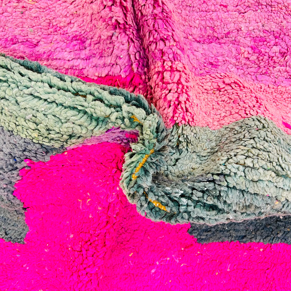 Vintage Moroccan wool rug 610 with colorful modern abstract design in pink, blue, green, and cream


