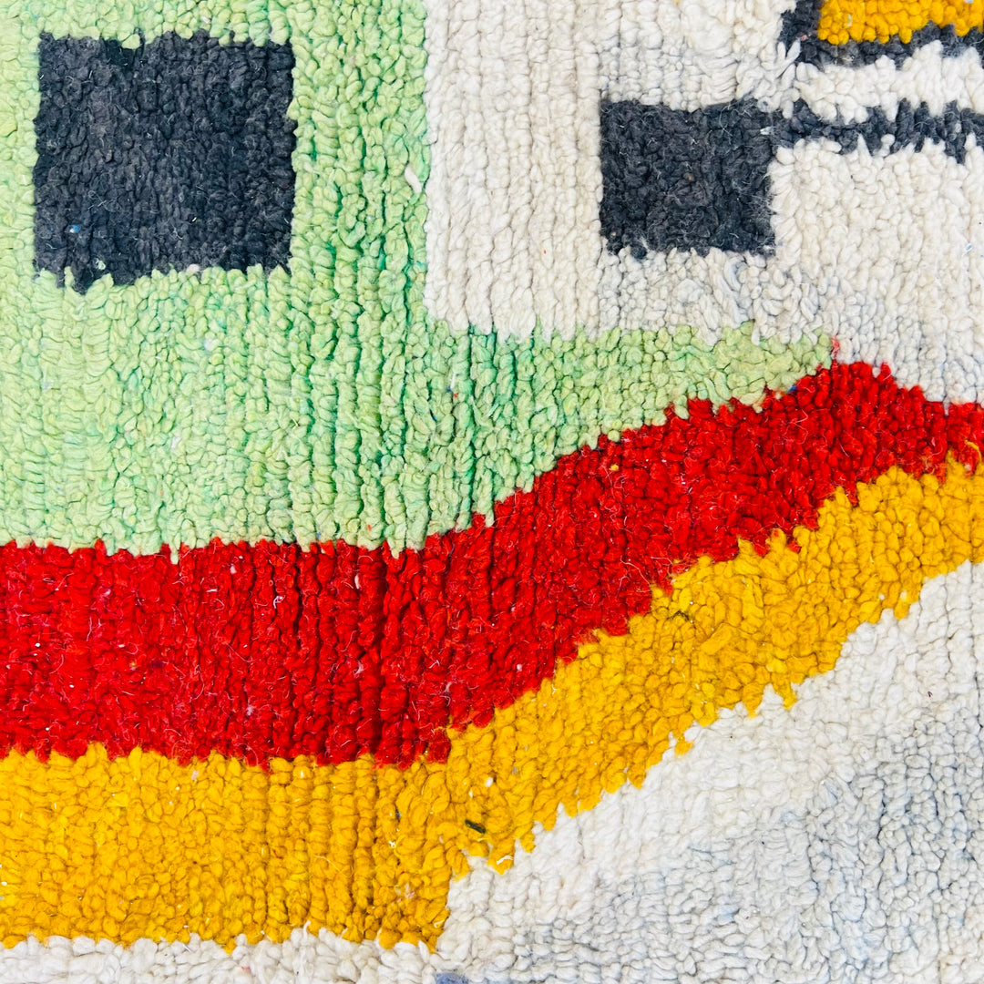 Vintage Moroccan rug No. 676 with colorful abstract pattern and shaggy wool texture

