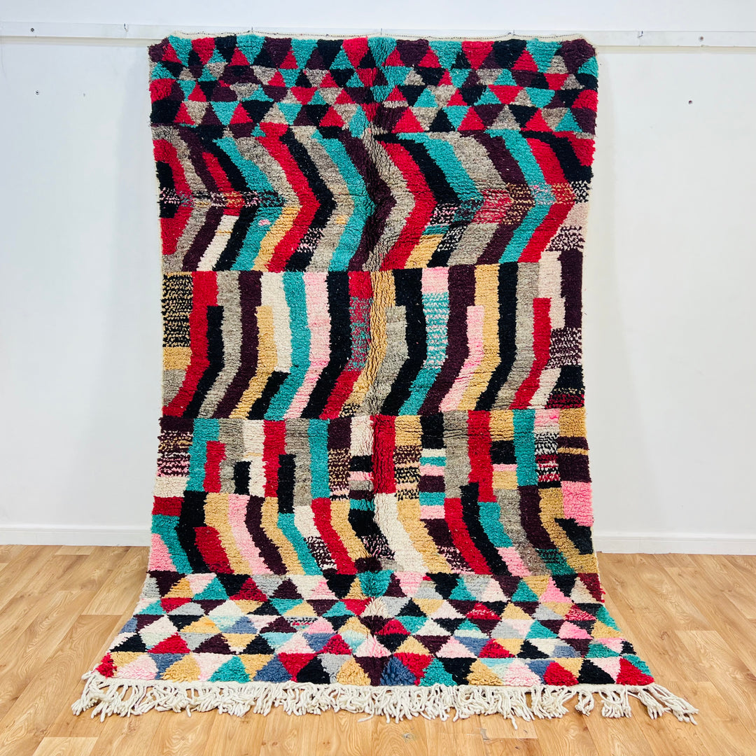 Vintage Moroccan Boucherouite rug with multicolor stripes and diamonds – 257x160 cm

