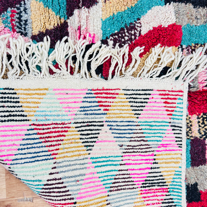 Vintage Moroccan Boucherouite rug with multicolor stripes and diamonds – 257x160 cm

