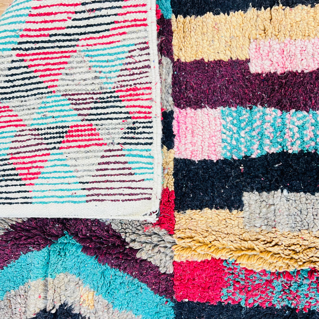Vintage Moroccan Boucherouite rug with multicolor stripes and diamonds – 257x160 cm

