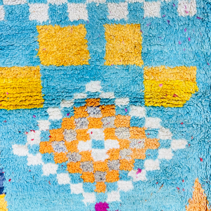 Vintage Moroccan wool rug with turquoise background and colorful Berber patterns – Rug 696

