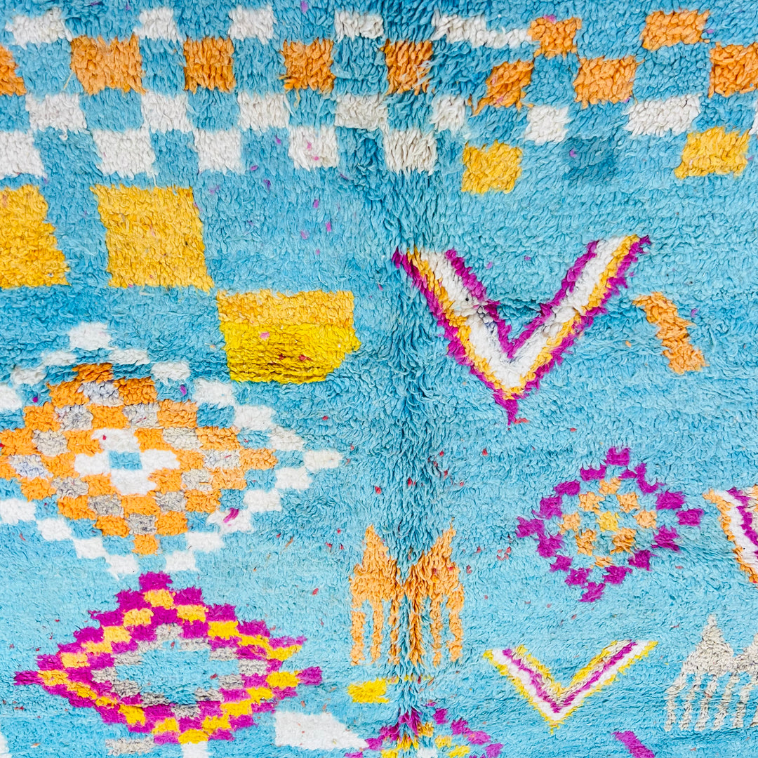 Vintage Moroccan wool rug with turquoise background and colorful Berber patterns – Rug 696

