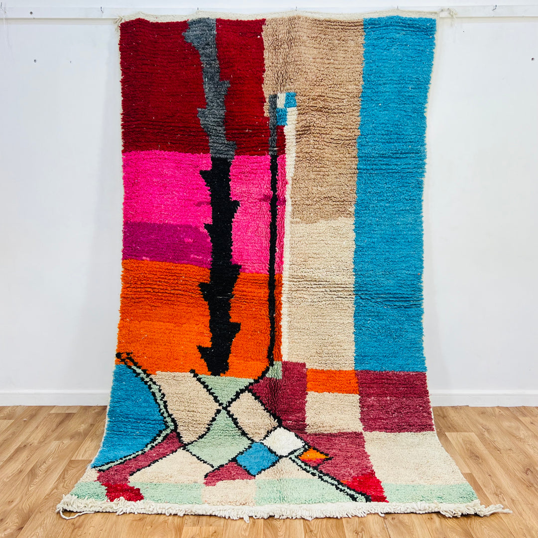 Colorful Vintage Moroccan Wool Rug with red, orange, pink, beige, and blue blocks – Rug No. 702 – 262x154 cm

