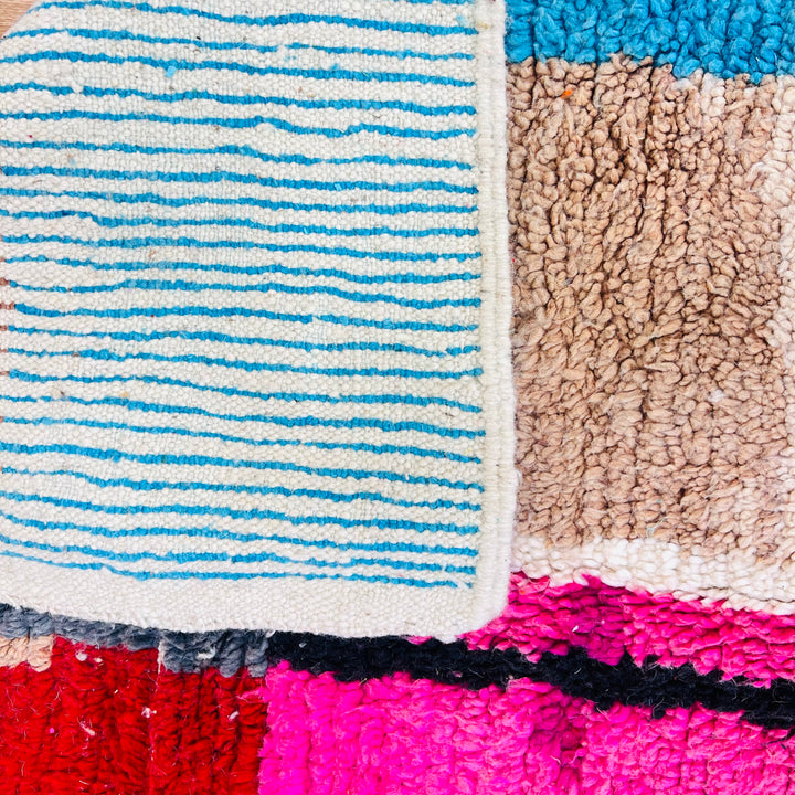 Colorful Vintage Moroccan Wool Rug with red, orange, pink, beige, and blue blocks – Rug No. 702 – 262x154 cm

