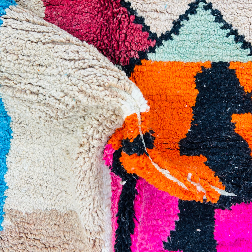 Colorful Vintage Moroccan Wool Rug with red, orange, pink, beige, and blue blocks – Rug No. 702 – 262x154 cm

