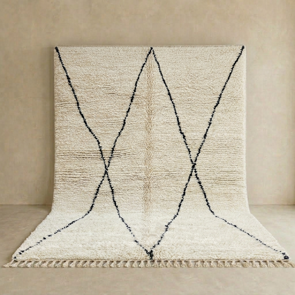 Handmade ivory Moroccan wool rug with black diamond lines – Beni Ourain design