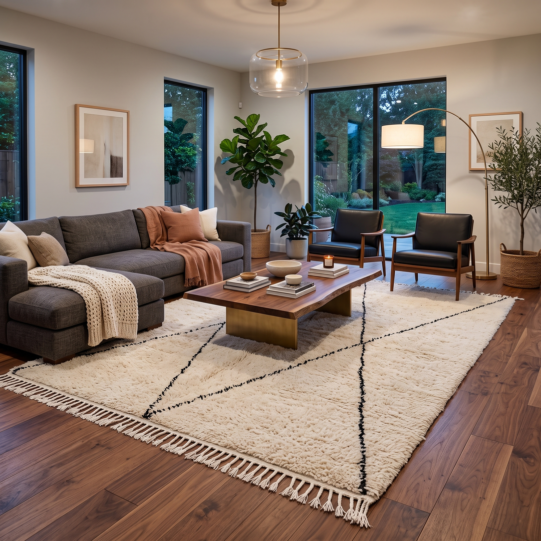Handmade ivory Moroccan wool rug with black diamond lines – Beni Ourain design