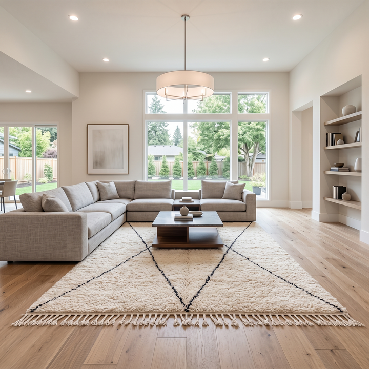 Handmade ivory Moroccan wool rug with black diamond lines – Beni Ourain design