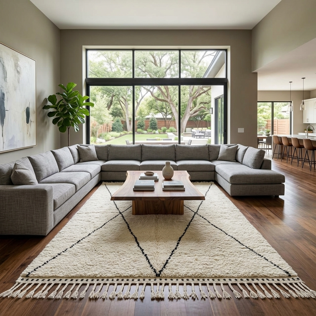 Handmade ivory Moroccan wool rug with black diamond lines – Beni Ourain design
