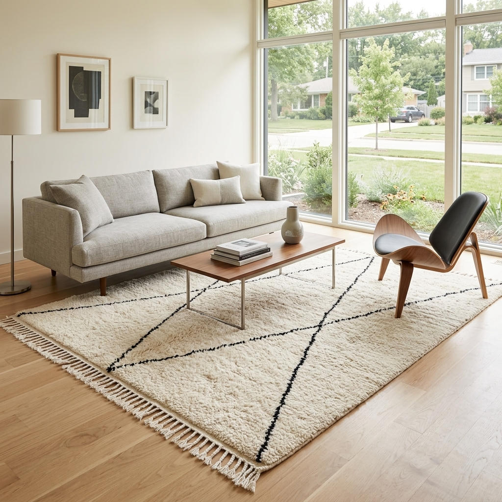 Handmade ivory Moroccan wool rug with black diamond lines – Beni Ourain design