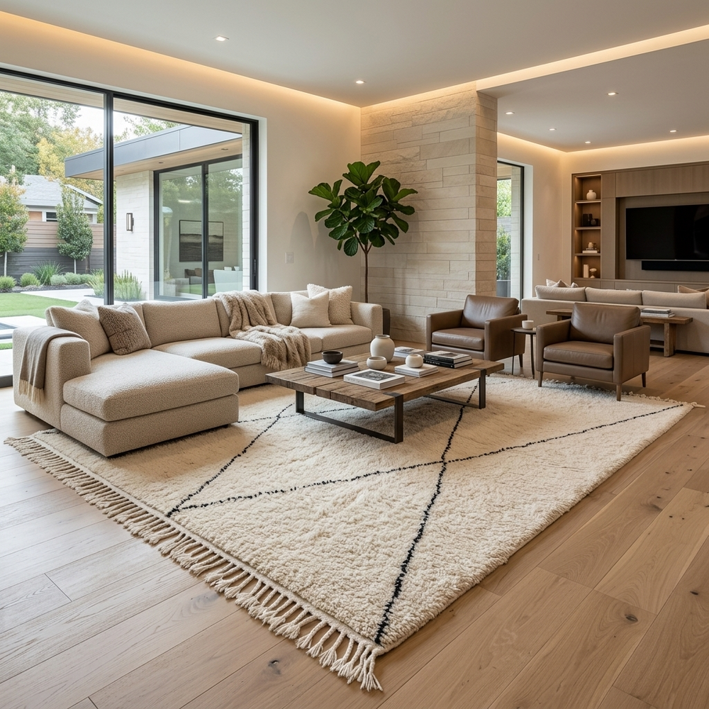 Handmade ivory Moroccan wool rug with black diamond lines – Beni Ourain design