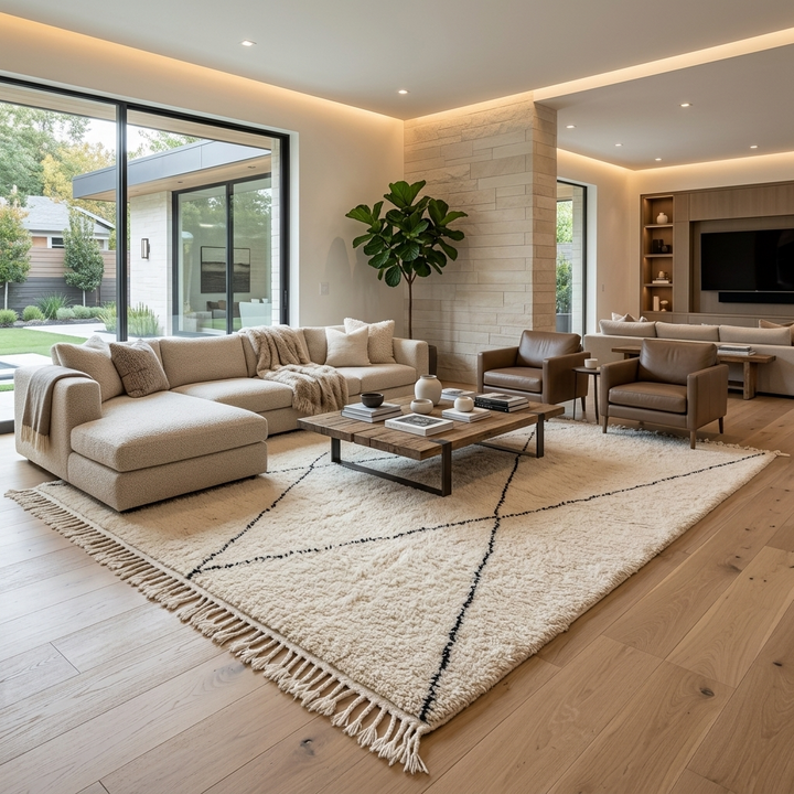Handmade ivory Moroccan wool rug with black diamond lines – Beni Ourain design