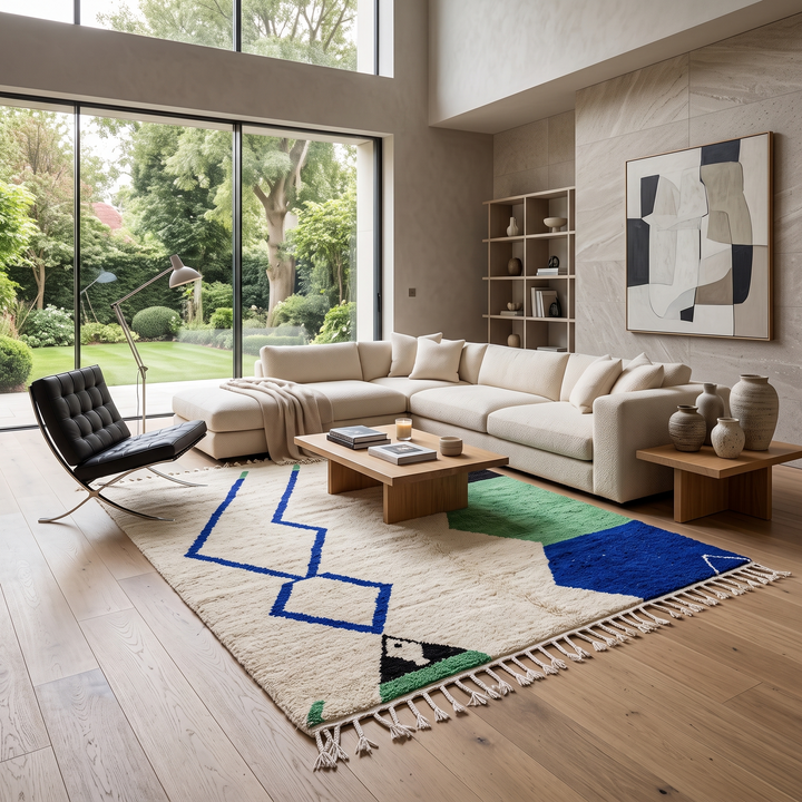 Handmade ivory Moroccan wool rug with green, blue, and black geometric abstract patterns