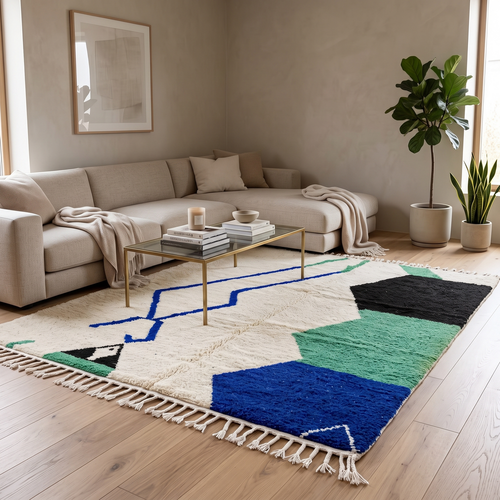 Handmade ivory Moroccan wool rug with green, blue, and black geometric abstract patterns