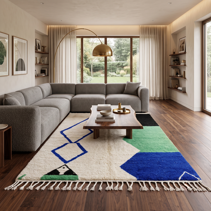 Handmade ivory Moroccan wool rug with green, blue, and black geometric abstract patterns