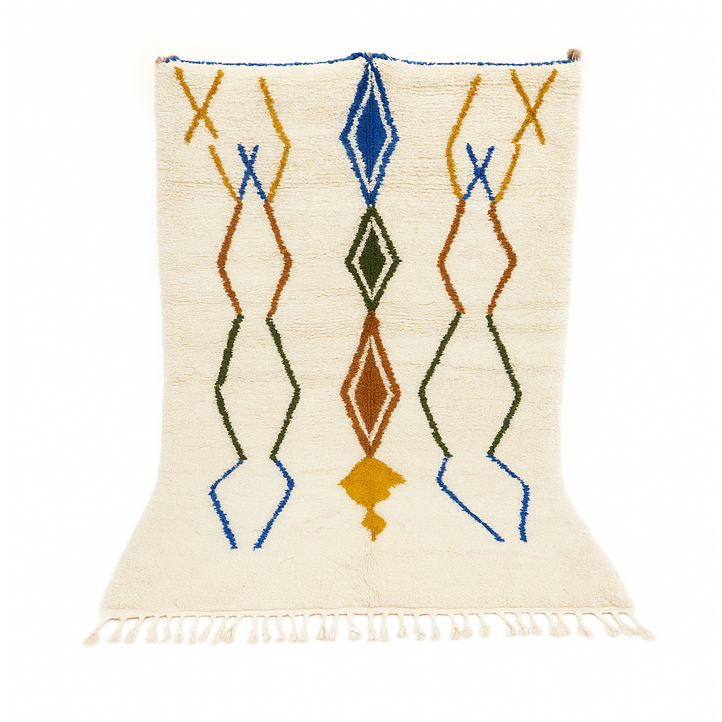 Handwoven ivory Moroccan wool rug with blue, amber, and olive geometric Berber designs