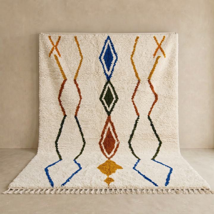 Handwoven ivory Moroccan wool rug with blue, amber, and olive geometric Berber designs
