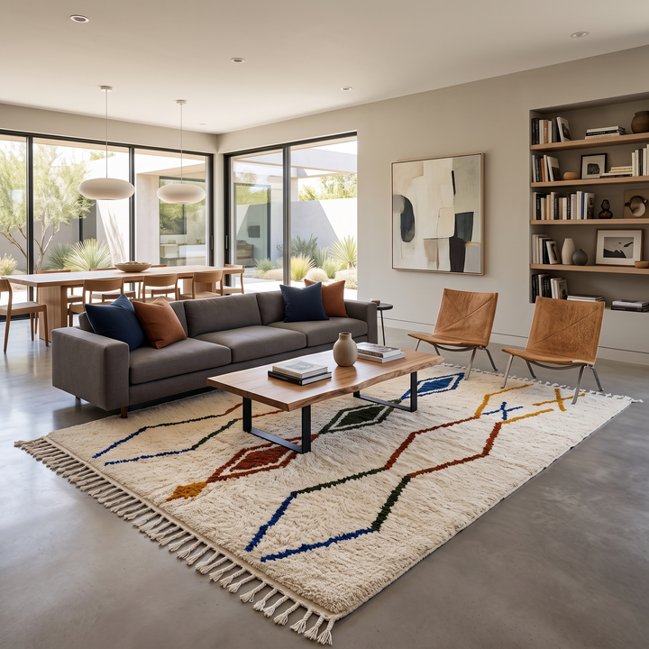 Handwoven ivory Moroccan wool rug with blue, amber, and olive geometric Berber designs
