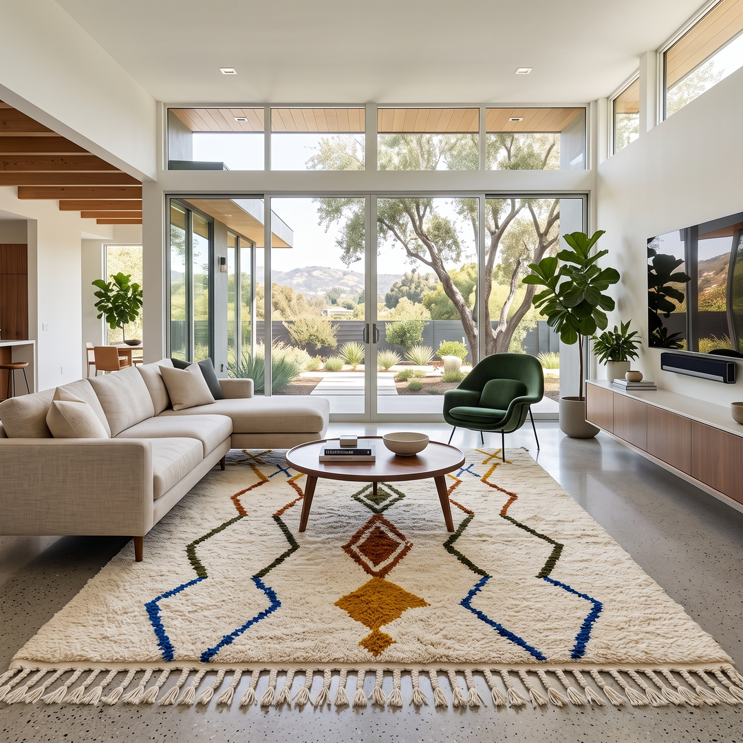 Handwoven ivory Moroccan wool rug with blue, amber, and olive geometric Berber designs
