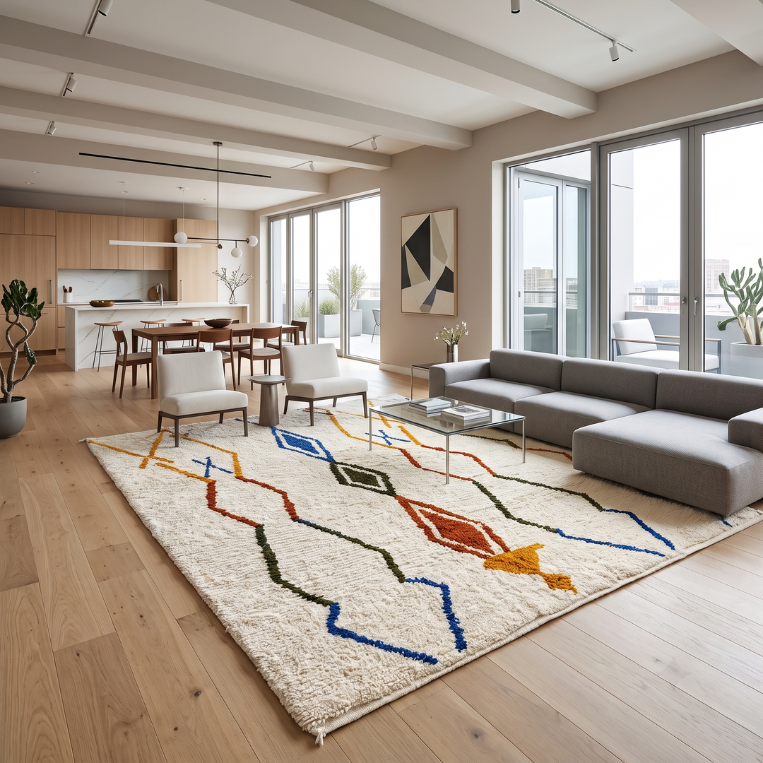 Handwoven ivory Moroccan wool rug with blue, amber, and olive geometric Berber designs
