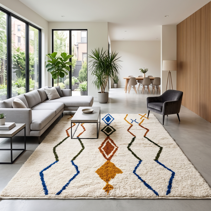 Handwoven ivory Moroccan wool rug with blue, amber, and olive geometric Berber designs
