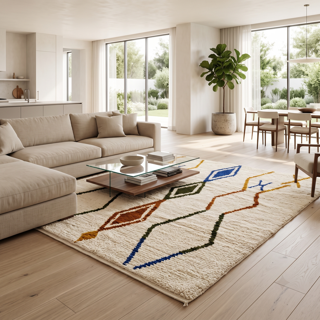 Handwoven ivory Moroccan wool rug with blue, amber, and olive geometric Berber designs
