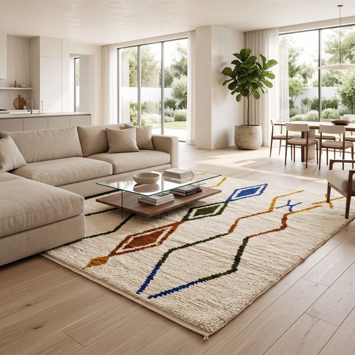 Handwoven ivory Moroccan wool rug with blue, amber, and olive geometric Berber designs
