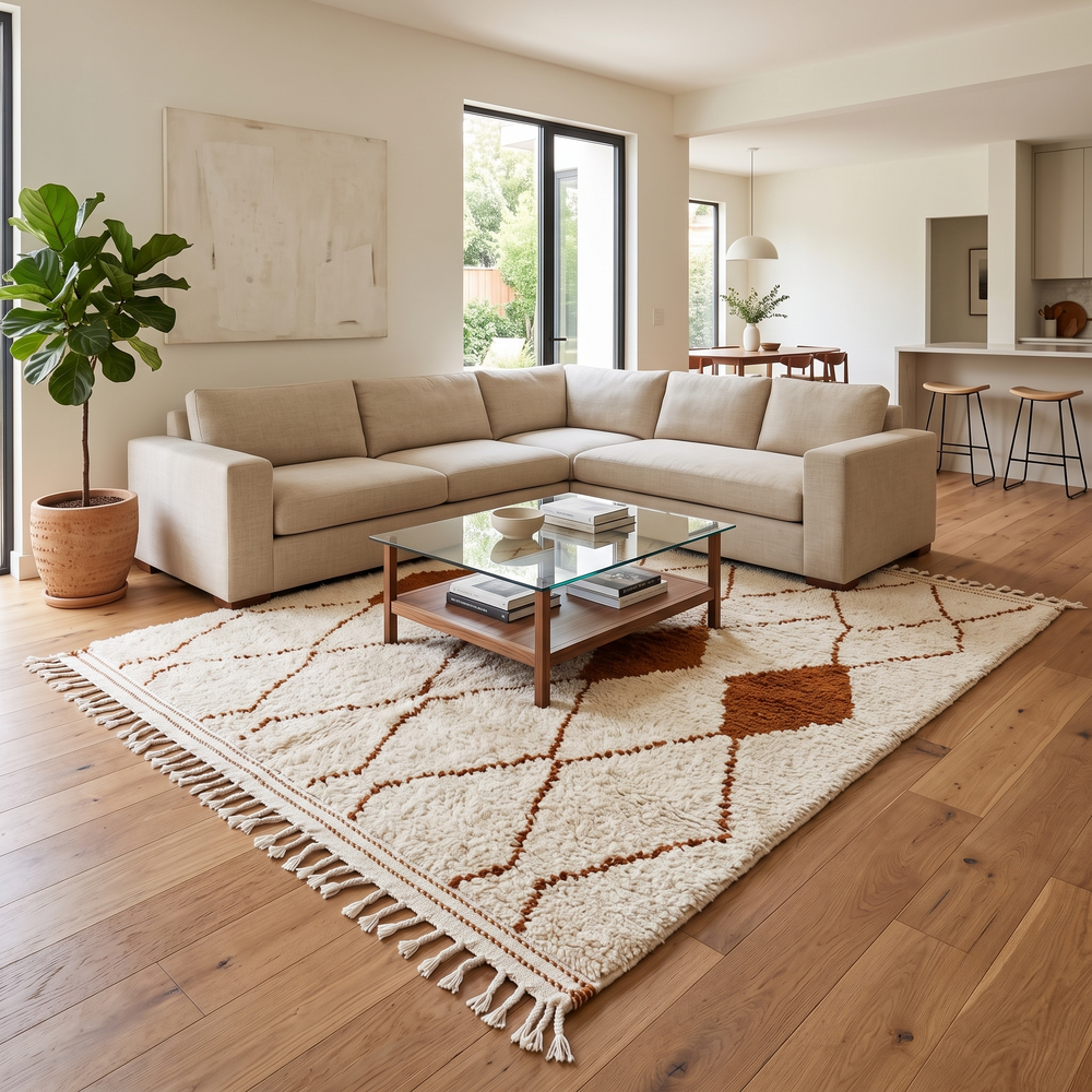 Handmade ivory Moroccan wool rug with terracotta diamond motifs – Beni Ourain style
