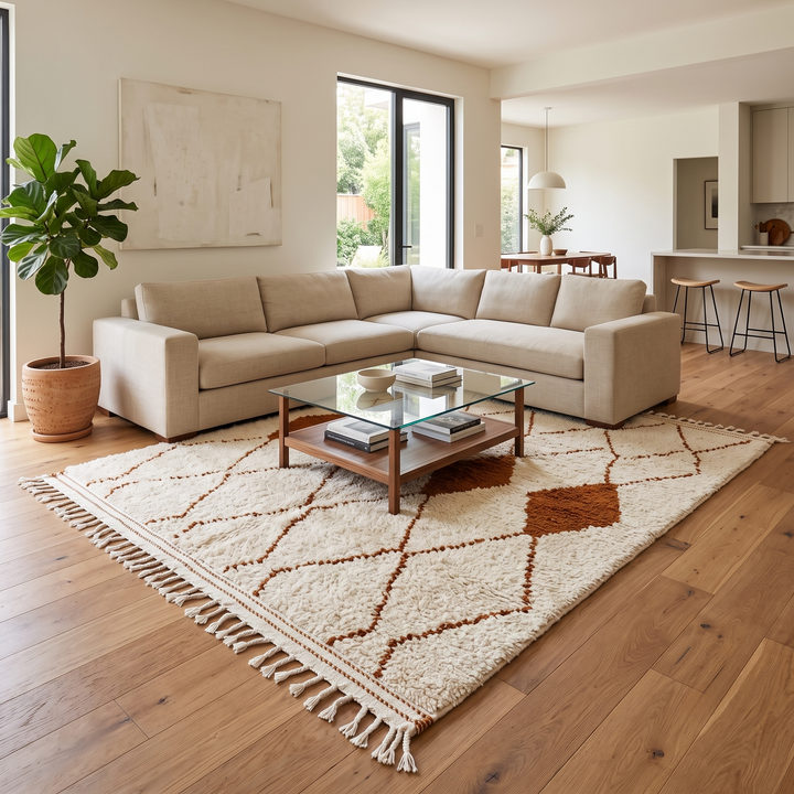 Handmade ivory Moroccan wool rug with terracotta diamond motifs – Beni Ourain style

