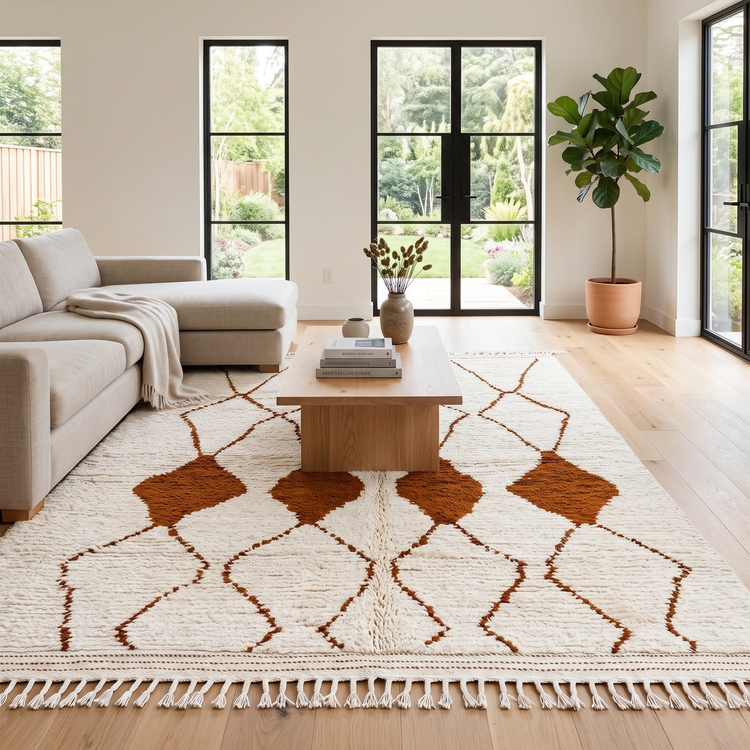 Handmade ivory Moroccan wool rug with terracotta diamond motifs – Beni Ourain style
