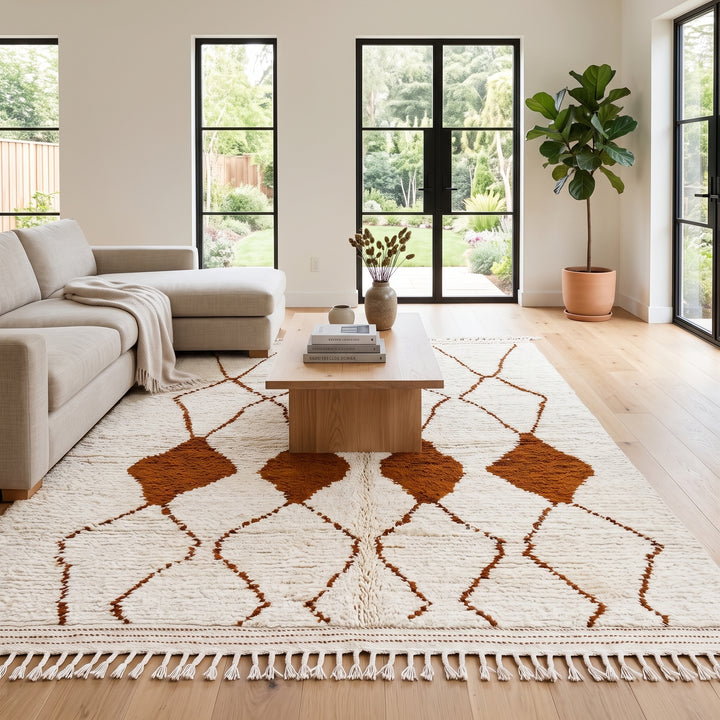Handmade ivory Moroccan wool rug with terracotta diamond motifs – Beni Ourain style
