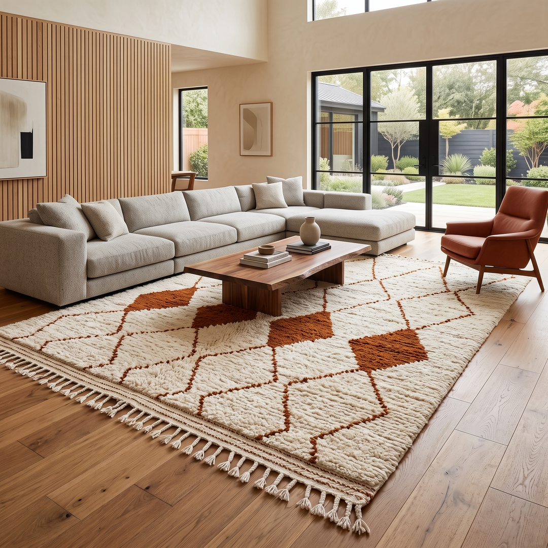 Handmade ivory Moroccan wool rug with terracotta diamond motifs – Beni Ourain style
