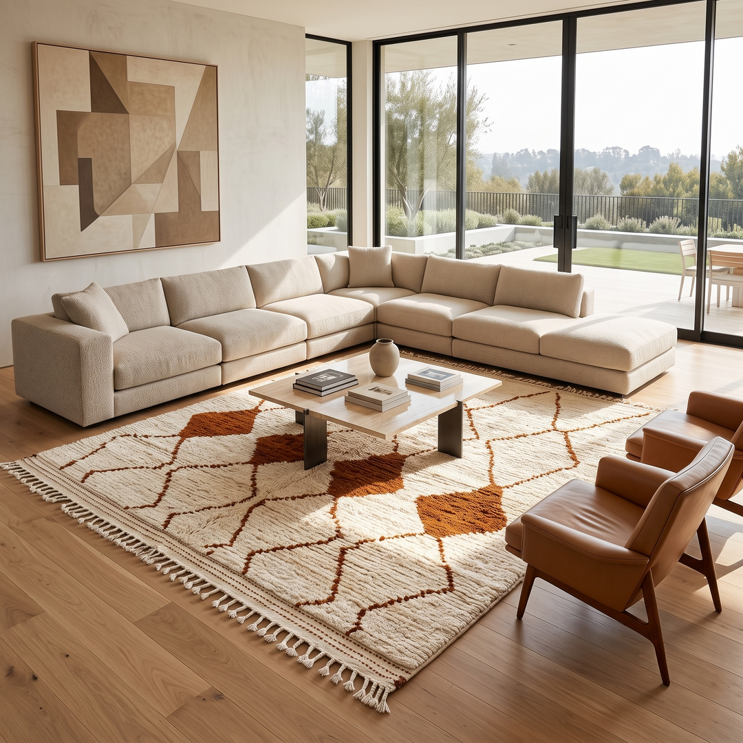 Handmade ivory Moroccan wool rug with terracotta diamond motifs – Beni Ourain style

