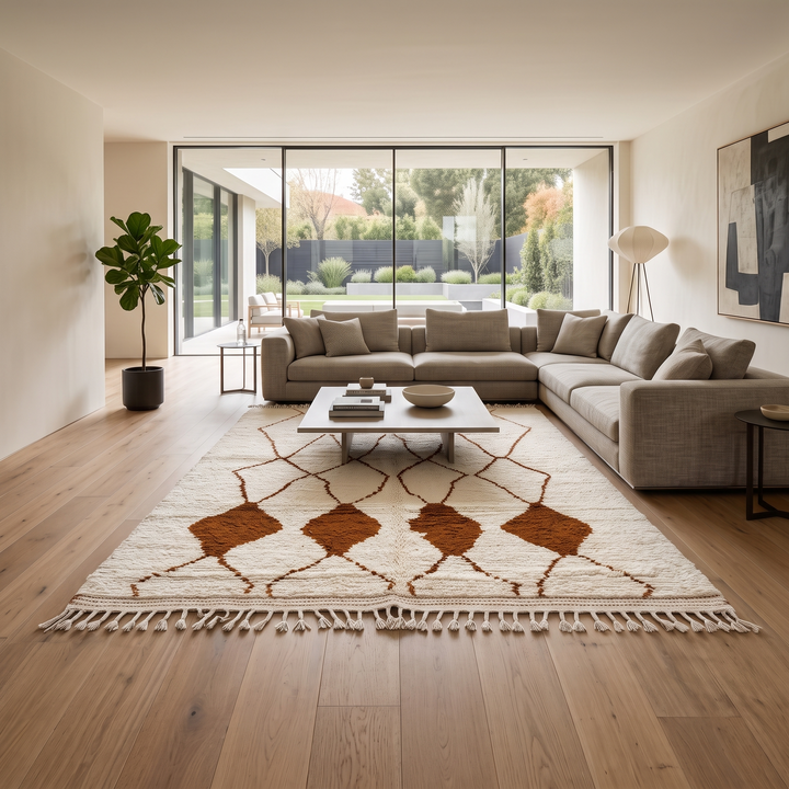 Handmade ivory Moroccan wool rug with terracotta diamond motifs – Beni Ourain style
