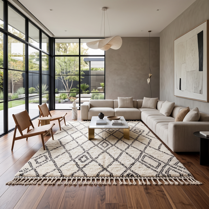 Handmade colorful Moroccan wool rug with tribal geometric diamond motifs – Berber carpet
