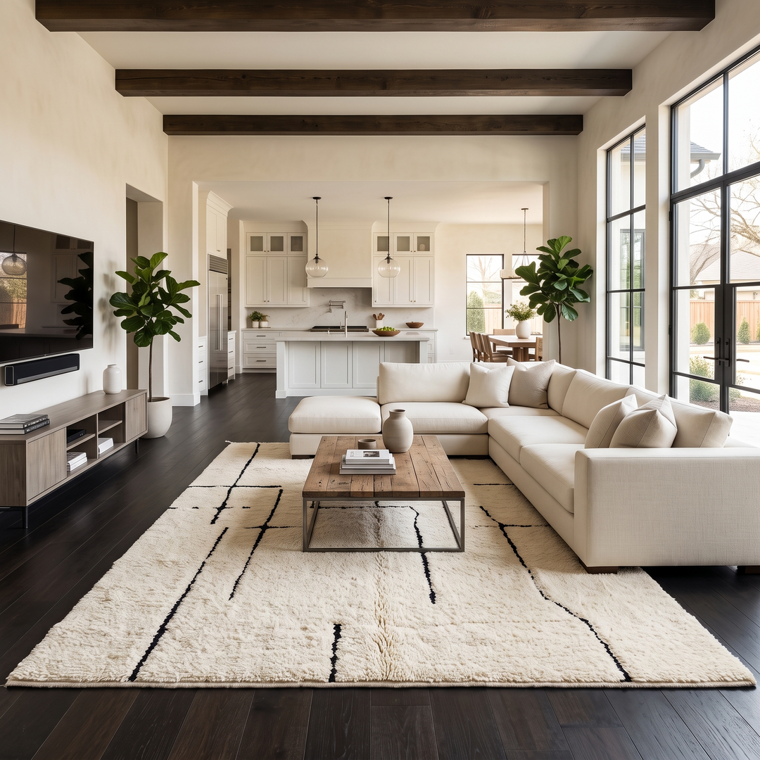 Handmade ivory Moroccan wool rug with abstract black line design – modern Beni Ourain style