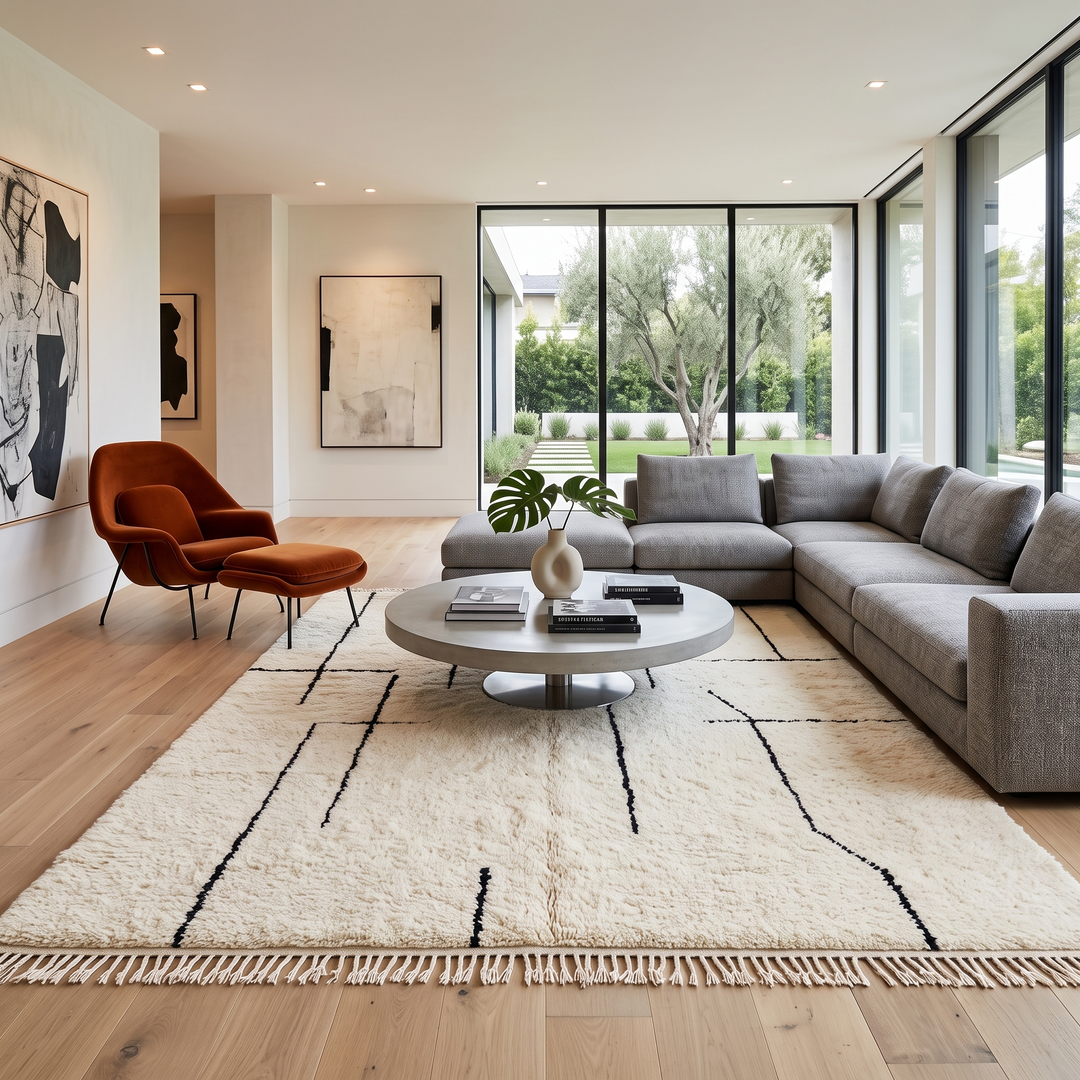 Handmade ivory Moroccan wool rug with abstract black line design – modern Beni Ourain style