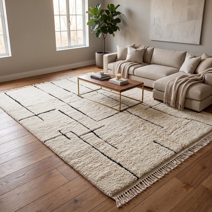 Handmade ivory Moroccan wool rug with abstract black line design – modern Beni Ourain style