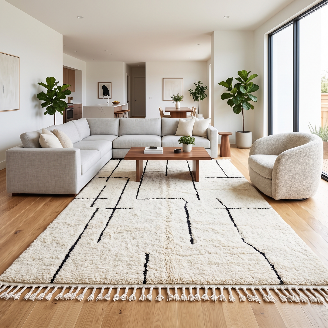 Handmade ivory Moroccan wool rug with abstract black line design – modern Beni Ourain style