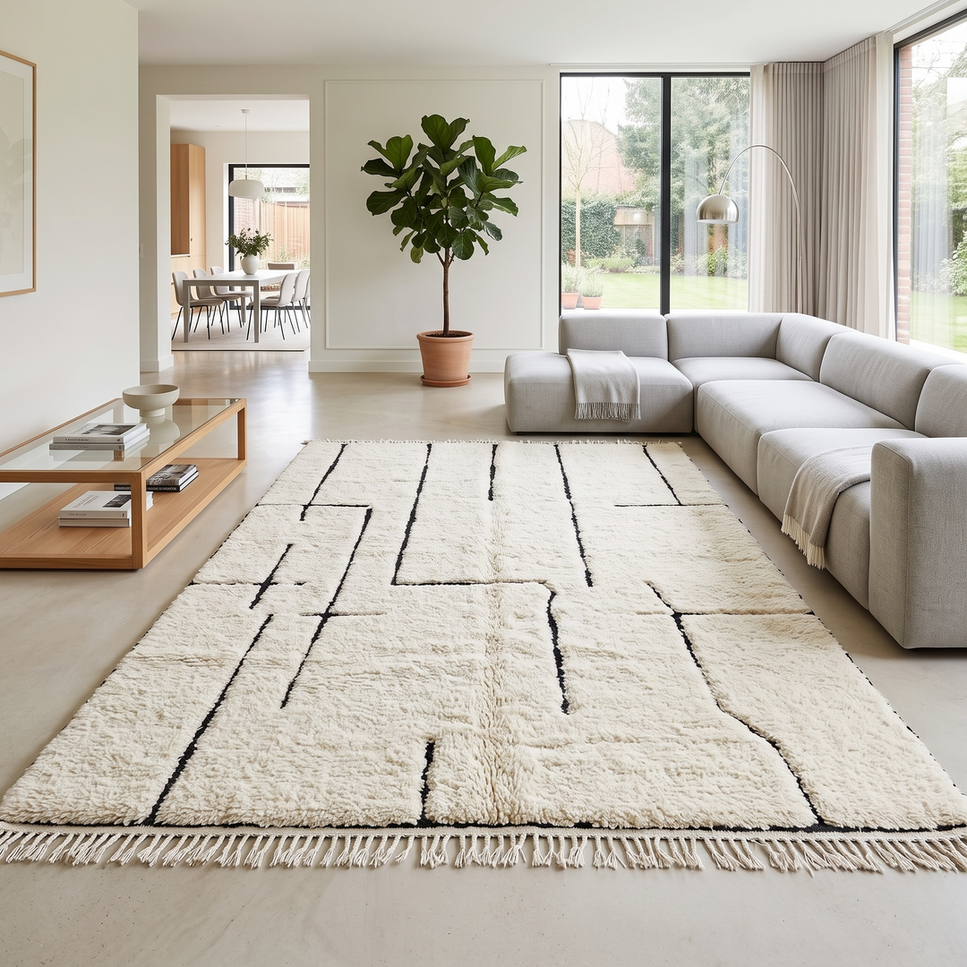 Handmade ivory Moroccan wool rug with abstract black line design – modern Beni Ourain style
