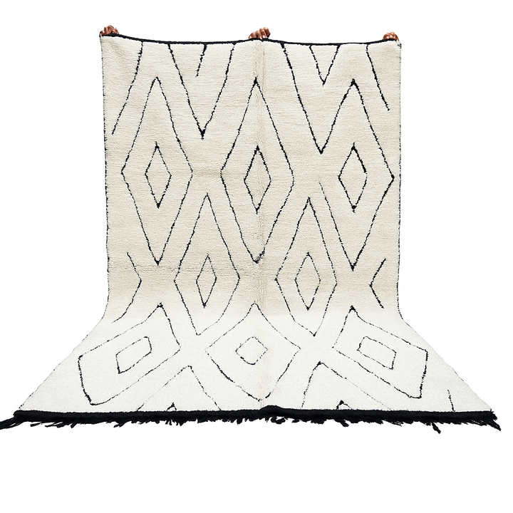 Ivory and Black Moroccan Wool Rug – Handmade Beni Ourain