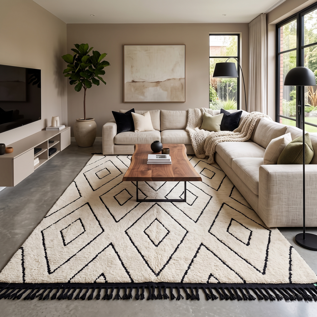 Ivory Moroccan wool rug with black diamond lattice handmade by Berber artisans