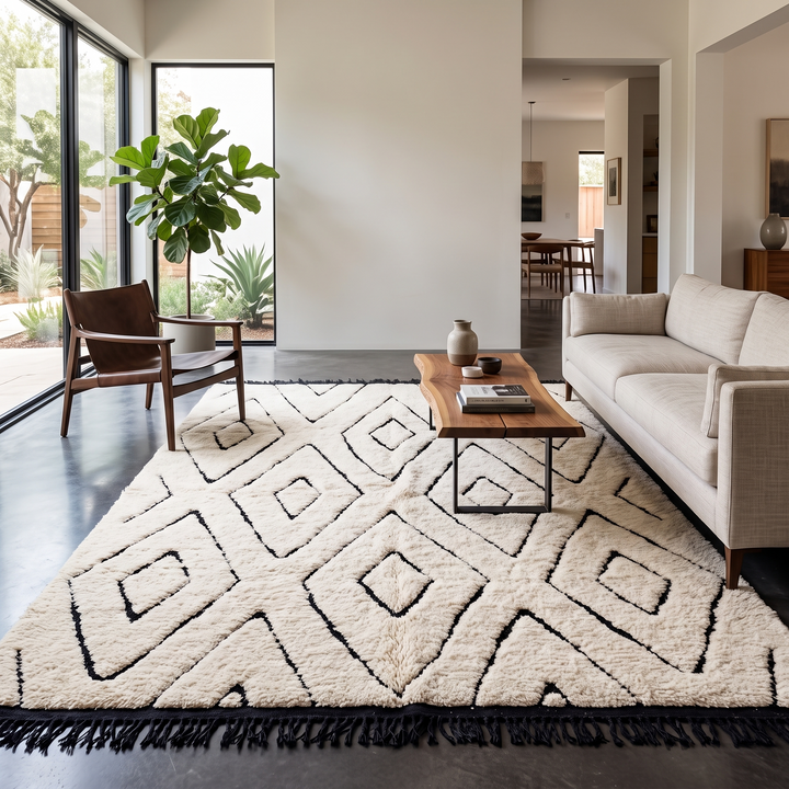 Ivory Moroccan wool rug with black diamond lattice handmade by Berber artisans
