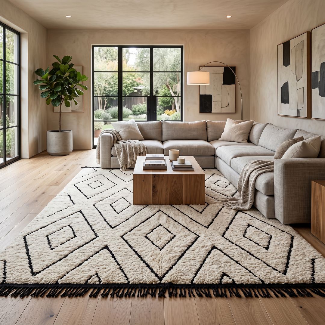 Ivory Moroccan wool rug with black diamond lattice handmade by Berber artisans