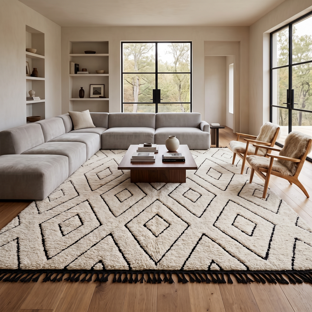 Ivory Moroccan wool rug with black diamond lattice handmade by Berber artisans