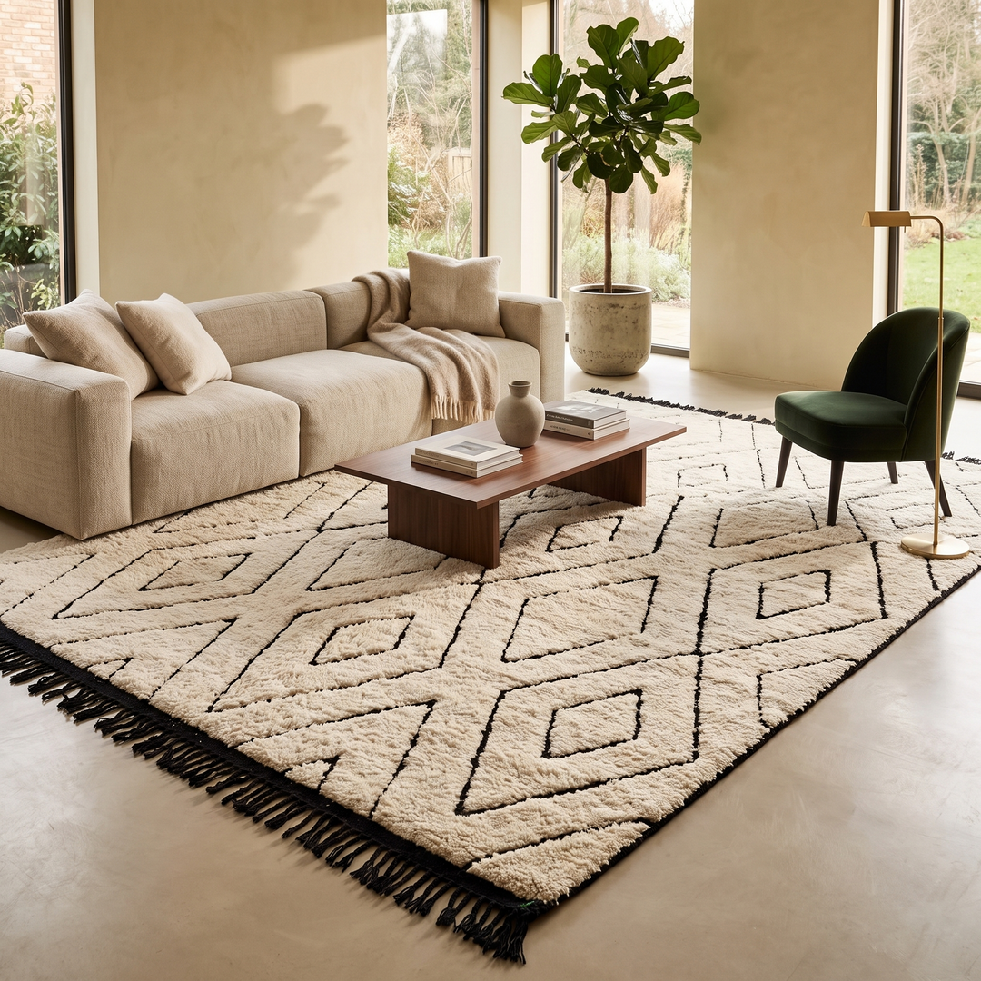 Ivory Moroccan wool rug with black diamond lattice handmade by Berber artisans