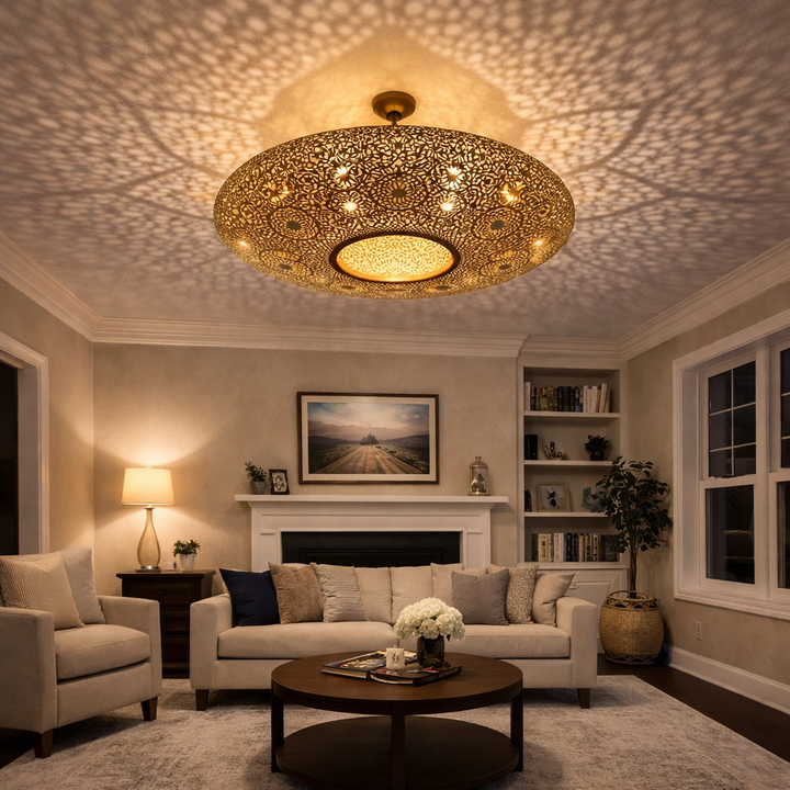Large Moroccan Brass Pendant Light – Handmade Pierced Ceiling Lamp from Morocco